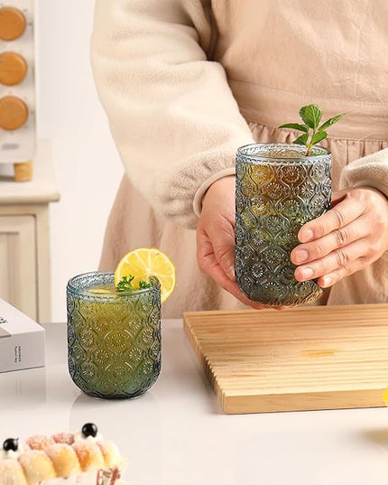 Blue Drinking Glasses Set of 12, 12 Oz Highball & 10 Oz Cocktail Glasses, Blue Kitchen Vintage Glassware Set, Floral Embossed Glass Tumbler Cups for Water, Beer, Juice, Whiskey, Coffee