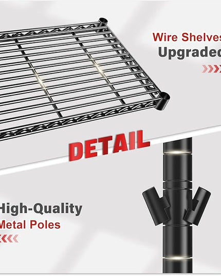 REIBII 5 Tier Storage Shelves Adjustable Wire Rack Shelving, Kitchen Shelves 13.4" D x 23.2" W x 60" H Strong Metal Shelves for Restaurant Garage Pantry，Black