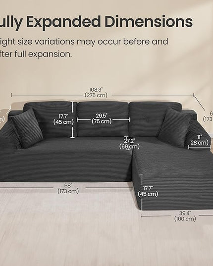 VASAGLE 108.3 Inches Boneless Couch with Chaise, Modular Sectional Sofa, Modern Cloud Couch with Deep Seat, L-Shape Corduroy Sofa for Living Room, Right-Facing Chaise, Bedroom, Slate Gray ULCS182GN01