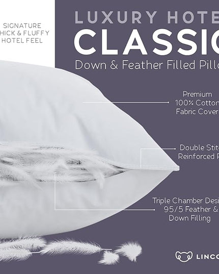 Lincove Down and Feather Luxury Hotel Collection Bed Pillows for Sleeping Made in The USA - 100% Cotton Shell, 600 Thread Count - Soft Hypoallergenic (Queen Size, Pack of 1)