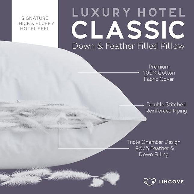 Lincove Down and Feather Luxury Hotel Collection Bed Pillows for Sleeping Made in The USA - 100% Cotton Shell, 600 Thread Count - Soft Hypoallergenic (King Size, Pack of 1)