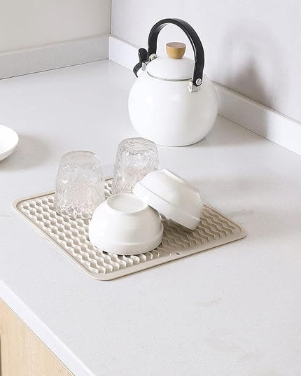 Silicone Dish Drying Mat for Multiple Usage,Easy clean,Eco-friendly,Heat-resistant Silicone Mat for Kitchen Counter or Sink,Refrigerator or Drawer liner Tapioca M 12 inches x 12 inches