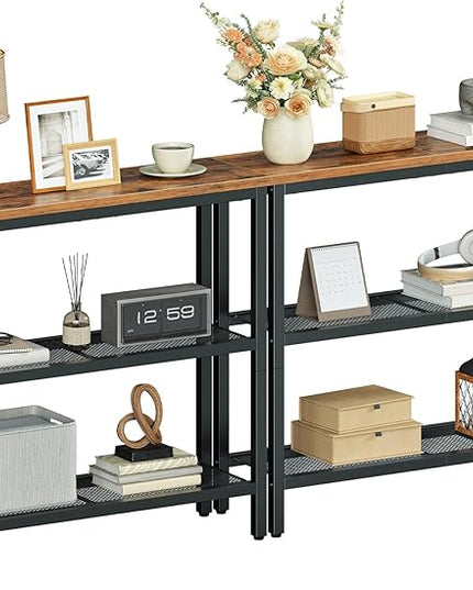 HOOBRO 29.5" Narrow Console Table, Set of 2, 3-Tier Entryway Table, Thin Sofa Table with Shelves, Side Table, Display Table, for Hallway, Entrance, Living Room, Rustic Brown and Black BF73XGP201