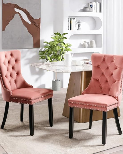 SoarFlash Velvet Dining Chairs Set of 2, Tall Back Side Chair, Modern Upholstered High-end Tufted Side Chair with Button Back Ring, Solid Wood Legs (Pink)