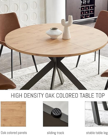 46.4" Round Dining Table Set, Mid Century Modern Round Dining Table for 4-6 Person, w/Steel Legs, Coffee Table for Kitchen Dining Room, Office, Save Space (1 Table with 4 Brown Chairs)