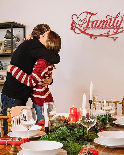 Family Where Life Begins Love Never Ends Word Sign Metal Wall Decor, Black Home Decor Wall Art Decorations, Letters Quotes Sign for Living Room Bedroom Kitchen Indoor Outdoor Decor(17.5", Red)