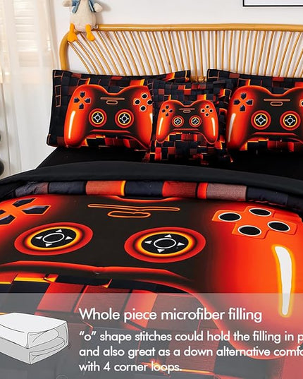 PERFEMET 6 Piece Orange Gaming Bedding Set Twin Size Game Console Boys Comforter Set with Sheets 3D Cool Soft Fluffy Video Gamer Bed in A Bag for Kids Teens(Orange, Twin)