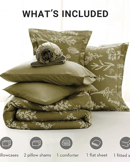 MUXHOMO Olive Green Full Comforter Set, Elegant Floral Print Bed in a Bag 7 Pieces, Ultra Soft & Breathable Reversible Botanical Pattern Bedding Set with Comforter, Sheets, Pillowcases, and Shams