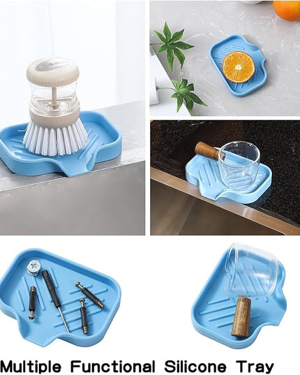 Silicone Bathroom Soap Dishes with Drain Spout-Bathroom and Kitchen Sink Organizer,Sponge Holder,Dish Soap Tray,Perfect for Dispenser,Scrubber,Bottle on Sink or Counter-Light Blue 4.9"×3.2"