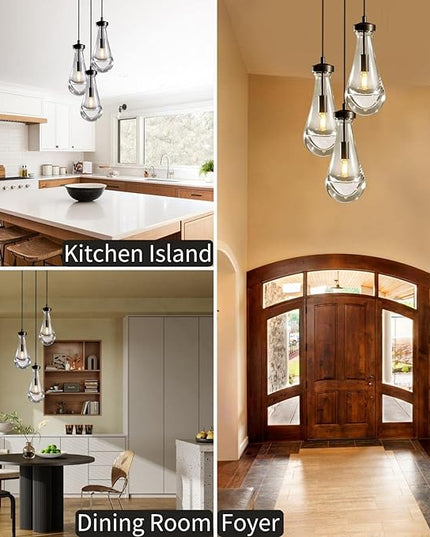 Bronze 3 Light Pendant Lighting, Raindrop Pendant Lights, Black Adjustable Hanging Rope Cluster Pendant Lighting Over Kitchen Island, Teardrop Glass Chandelier Dining Room Light Fixture