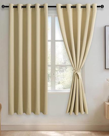 JIUZHEN Light Beige Blackout Curtains with Tiebacks - Thermal Insulated, Light Blocking and Noise Reducing Grommet Curtains for Bedroom and Living Room, 2 Window Curtain Panels, 60 x 72 Inch Length