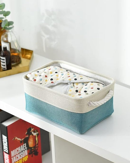 TheWarmHome Fabric Storage Bin with Handles,Storage Basket for Home Storage and Organization, Shelf Basket with Cover for Living Room Bedroom Decor Closet（White & Green,Small ,11.8L×7.9W×5.2H