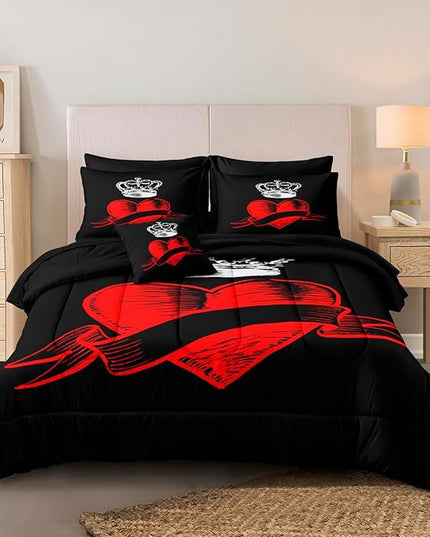 Merryword 8 Pcs Bed in a Bag Love Heart Comforter Set Full Size Prince Princess Bedding Set Crown Pattern Romantic Valentine's Day Comforter Set