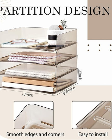 Harloon 4 Tier Acrylic Paper Tray 13 x 9.8 x 3 Inches Stackable Letter Clear Organizer No Need to Assemble Acrylic Paper Organizer File Tray for Office Workspace Desktop Storage (Transparent Gray)