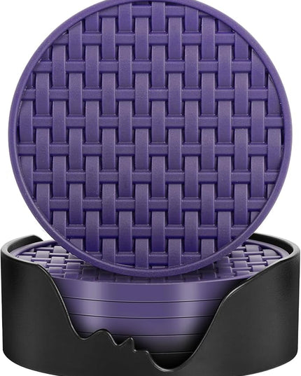 Purple Silicone Coasters with Holder, 4 Inches Non-Slip Decorative Cup Mats for Drinks, Heat Resistant & Waterproof Round Coaster Set of 6 for Home, Office, Kitchen, Bar Table