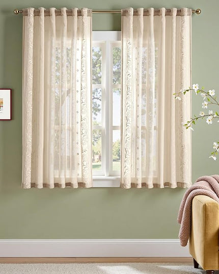 jinchan Winslow Sheer Curtains 63 Inch Length for Dorm Bedroom Bordered Floral Pattern Decorations Short Curtains Light Filtering Window Treatments, 50W x 63L, Ivory on Beige, 2 Panels