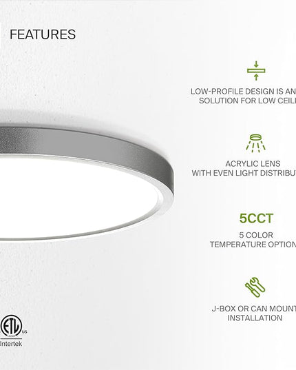 ASD LED 9" Round Flush Mount Ceiling Light Fixture, Low Profile Surface Lighting | 5CCT, Dimmable, Ultra-Thin, ETL Listed | 18W 1660LM 2700-6000K 120V | Kitchen, Hallway Lamp | Nickel, 12 Pack