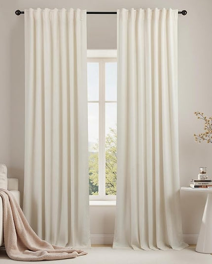 108 Inch 9FT 9 FT Extra Long Velvet Curtains High Ceiling Drapes for Rail Track System with Hooks Cream 9 Foot Semi Black Out Blackout Curtain Living Room Bedroom 2 Panels Set Single Pinch Pleated