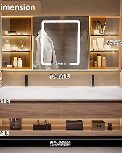 Modern Solid Wood Bathroom Vanity Set - Smart LED Fog Mirror, Floating Double Bath Sink Bathroom Cabinet, 2 Large Drawers & Open Shelves (Light Brown, 60'')