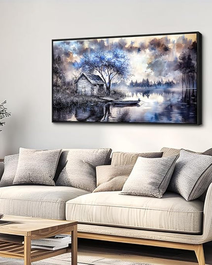 ERQINHUA Large Wall Art For Living Room Canvas Home Wall Decor For Office Bedroom Dining Room Wall Pictures Blue Tree Lakeside Landscape Painting Modern Art Print Beach Posters 24"x48" Black Frame