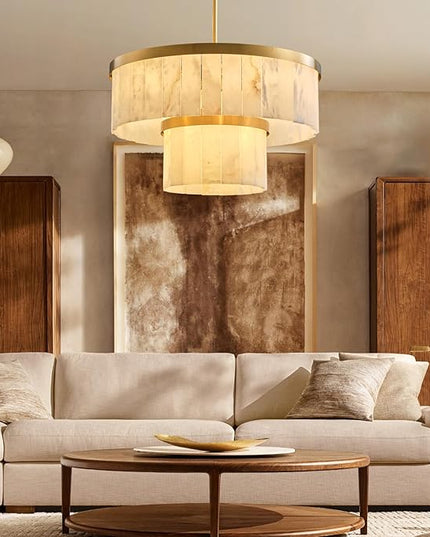 Alabaster Chandelier 2-Tier D24 Brass Round Chandeliers, Modern Dining Room Chandelier Marble Pendant Light for Living Room, Bedroom, Foyer, Kitchen, Entryway Gold(Include Bulbs)