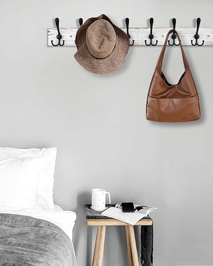 32.2'' Large Coat Rack Wall Mount Coat Hooks with 8 Metal Black Triple-Hooks Old White Pine Real Wood Plank Hat Rack for Wall Hooks