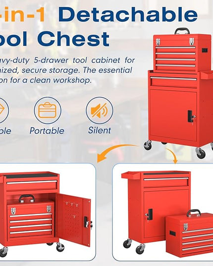 5-Drawers Tool Chest, 2-in-1 Rolling Tool Box with Wheels and Drawers, Detachable Storage Toolbox with Lock, Heavy-Duty Metal Tool Cart for Garage, Workshop (Red)