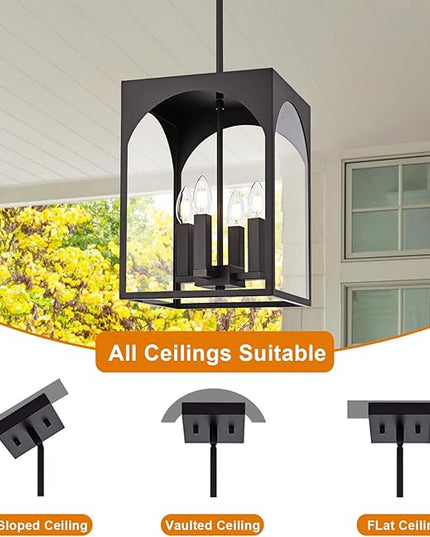 VINLUZ Outdoor 4 Light Pendant Lighting,Classic Outside Chandelier Exterior Hanging Lantern Light with Clear Glass Shade Oil Rubbed Bronze Finish for Porch, Yard, Gazebo