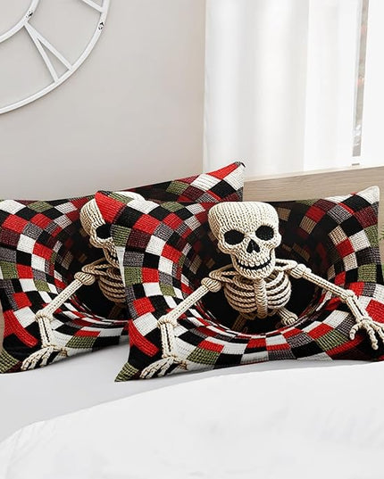 AILONEN Skull Print Comforter Set Full Size,3-Piece Skeleton Halloween Theme Bedding Set,Colorful Checkered Skull Art Duvet with 2 Pilllowcases