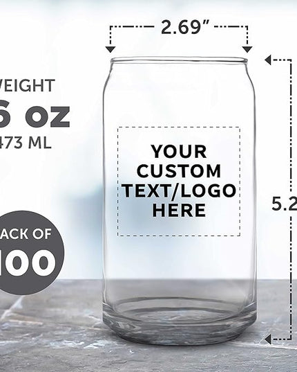 Custom Beer Can Glasses Set of 100, 16 oz. Pint Sized, Promotional Text, Logo, Soda Can Shape, Glassware, Clear