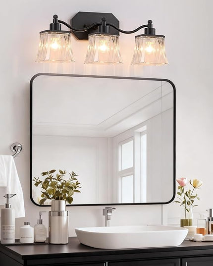 Bathroom Vanity Light Fixtures, 3-Light Vintage Matte Black Vanity Lights with Crystal Glass Shades, Farmhouse Bathroom Lighting Fixtures Over Mirror for Bathroom Bedroom Hallway