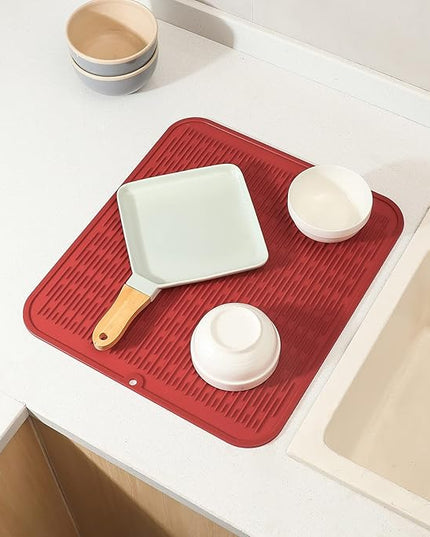 Silicone Dish Drying Mat for Multiple Usage,Easy clean,Eco-friendly,Heat-resistant Silicone Mat for Kitchen Counter or Sink,Refrigerator or Drawer Liner Red XL 18 inches x 16 inches