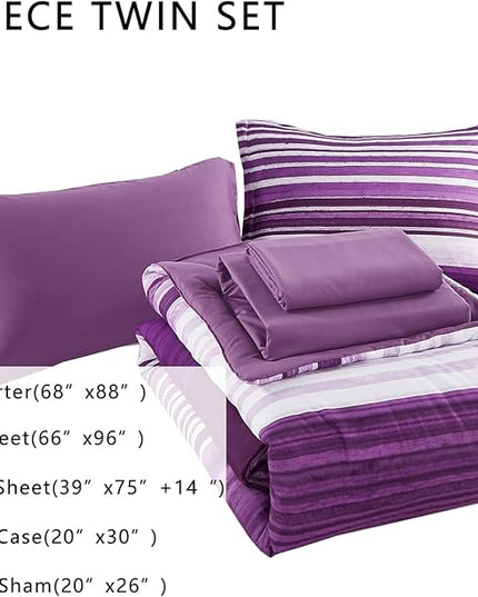 KAKIJUMN 5 Piece Bed in a Bag Stripe Comforter Set Twin Size, White and Purple Patchwork Striped Comforter and Sheet Set, All Season Soft Microfiber Complete Bedding Sets(Purple,Twin)