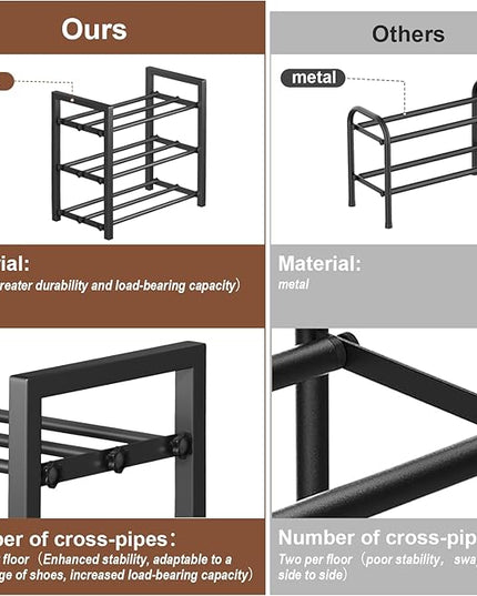 3-Tier Expandable Shoe Rack, Adjustable Shoe Shelf Storage Organizer Heavy Duty Metal Free Standing Shoe Rack for Entryway Closet Doorway (Black)
