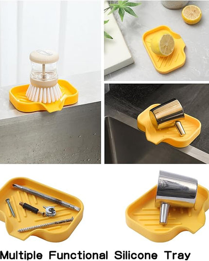 Silicone Bathroom Soap Dishes with Drain Spout-Bathroom and Kitchen Sink Organizer,Sponge Holder,Dish Soap Tray,Perfect for Dispenser,Scrubber,Bottle,Cup on Sink or Counter-Yellow 4.9"×3.2"