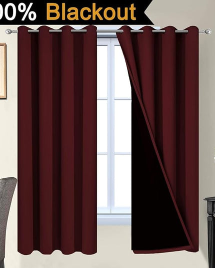 Yakamok 2 Thick Layers Completely Blackout Curtain Panels, Noise Reducing Drapes, Thermal Insulated Curtains with Black Liner for Bedroom(52Wx63L, Burgundy Red, 2 Panels)