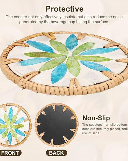 uxcell 2Pcs Handmade Woven Rattan Coasters, Heat-Resistant Drink Coasters for Coffee Table Dining Room Kitchen Coffee Wine Decor, Green Blue Petal