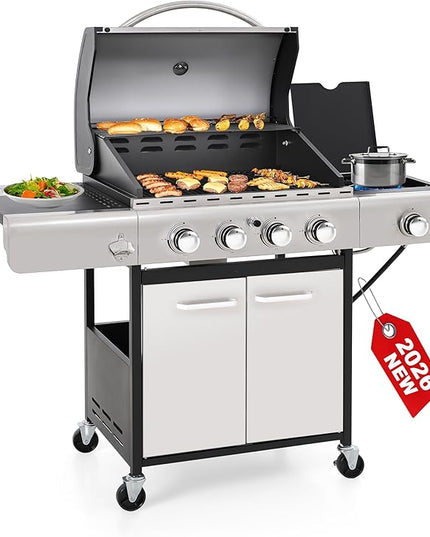 GREEN PARTY 4 Burner BBQ Propane Gas Grill with Side Burner & Porcelain-Enameled Cast Iron Grates, 545 SQIN Grilling Area 42,000 BTUs Barbecue Grill for Outdoor Cooking Garden Patio Backyard, Silver