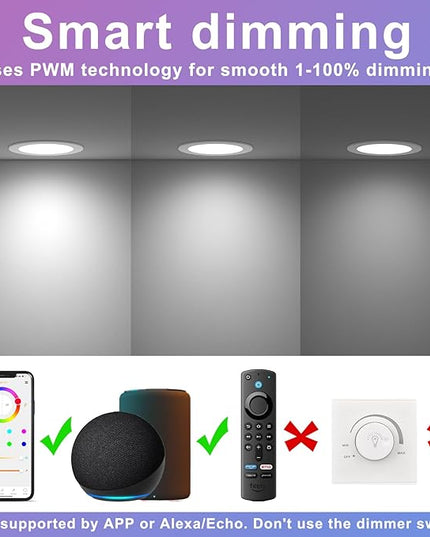 Smart Recessed Lighting 4 Inch RGBCW Color Changing 12W LED Downlight with Junction Box,1080 Lumen Recessed Ceiling Light Compatible with Alexa,Dimmable by Bluetooth Control -6Pack