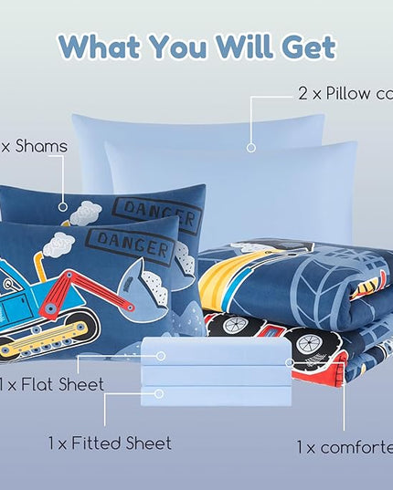 Full Size Comforter Set for Boys-7 Pieces Truck Tractor Excavator Glow in The Dark Full Bedding Sets for Kids, Ultra Soft Bed in A Bag with Sheets