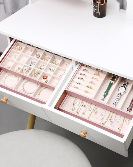 LANDICI Stackable Jewelry Organizer Trays 4 Set,PU Leather Jewelry Organizer Drawer,Jewelry Storage Display Tray for Earring Necklace Rings Bracelet with Removable Dividers,Rose Gold