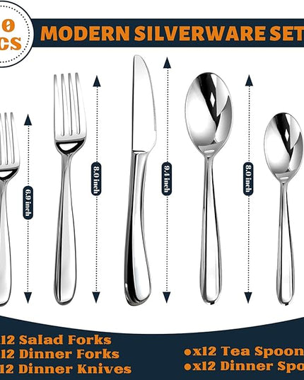 Silverware Set for 12, Heavy Duty Stainless Steel Cutlery Set Flatware Set,60 Piece Premium Silverware, Mirror Polished Modern Cutlery include Fork Knife Spoon Set,Dishwasher Safe
