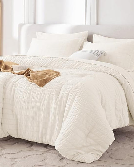 MUXHOMO 7 Pieces Queen Comforter Set, Seersucker Bed in a Bag Queen Size, All Season Luxury Bedding Set with Comforter, Flat Sheet, Fitted Sheet, Pillowcases & Shams, Ivory