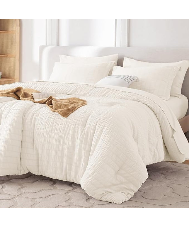 MUXHOMO 7 Pieces Queen Comforter Set, Seersucker Bed in a Bag Queen Size, All Season Luxury Bedding Set with Comforter, Flat Sheet, Fitted Sheet, Pillowcases & Shams, Ivory