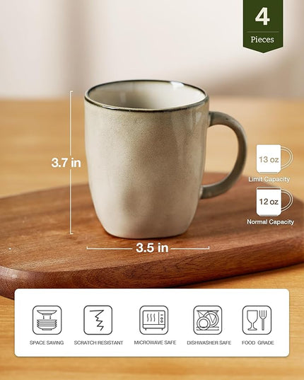 famiware Coffee Mugs Set of 4, Ocean Square 13oz Coffee Cup Set with Handle for Cocoa, Milk, Hot Chocolate, Tea, Water, Stoneware Cups for Kitchen, Microwave and Dishwasher Safe, Light khaki