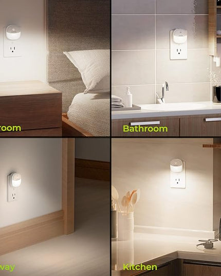 AUVON Plug in Night Light with Motion Sensor and Dusk to Dawn Sensor, Mini Cool White LED Nightlight with 1-50 lm Adjustable Brightness for Bathroom, Hallway, Stairs, Bedroom, Kitchen, 4 Packs