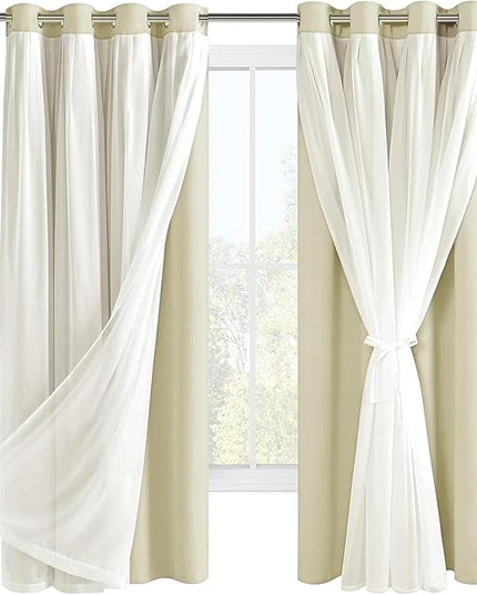 Hiasan Blackout Curtains with Sheer Overlay, Thermal Insulated Privacy Mix and Match Double Layer Window Curtains for Bedroom, Living Room, 2 Drape Panels Sewn with Tiebacks, Light Beige, 52W X 63L
