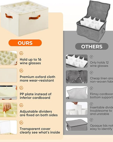 Wine Glass Storage Box with Dividers, 2 Pack Glassware Storage Containers, Stemware Storage Cases Holds 32 Wine Glasses, Stackable Crystal Storage Containers with Clear Cover for Moving，Beige