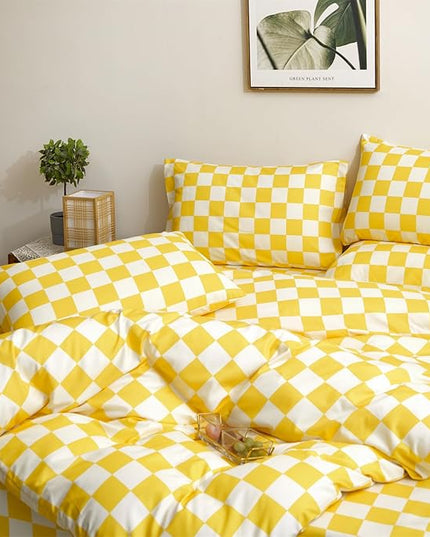 Houseri Yellow White Plaid Comforter Sets Twin Size Girls Boys Kids Light Yellow Checkerboard Dorm Bed Comforters Twin Bright Yellow Buffalo Checkered Grid Bed Quilt Soft Comfy Comforter Set Twin