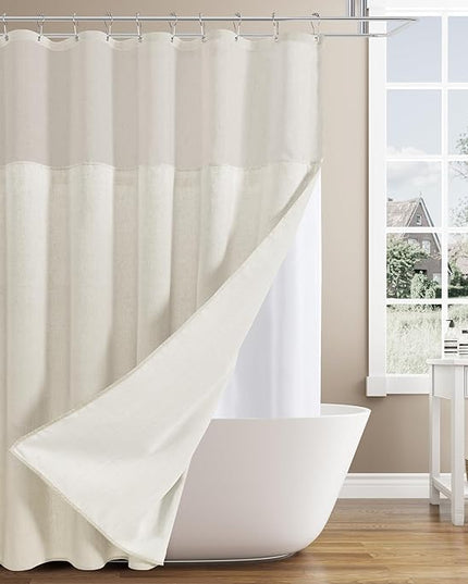 Naturoom Long Shower Curtain with Liner 78 Length Beige Linen Shower Curtain and Liner Set Heavy Duty Textured Cloth Cream Burlap Double Bath Curtains with Mesh Top Window Country Style Decor